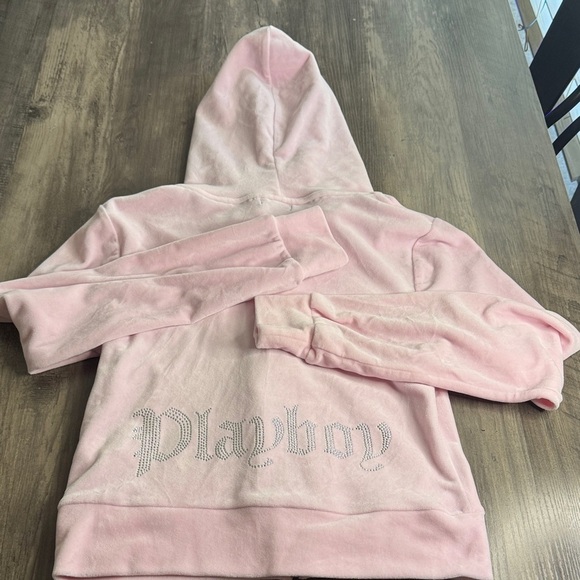 PLAYBOY Jackets & Blazers - 90’s PLAYBOY Pink Rhinestone Velour Cropped Hooded Sweatshirt